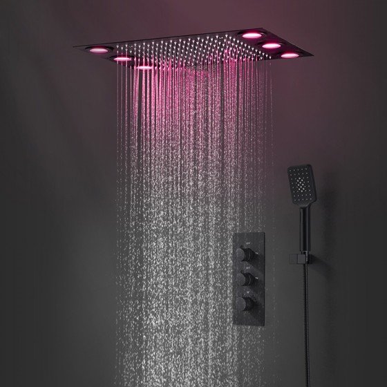 Ciel de douche pluie noir mat 500x360 mm, led, thermostatique Kinyo